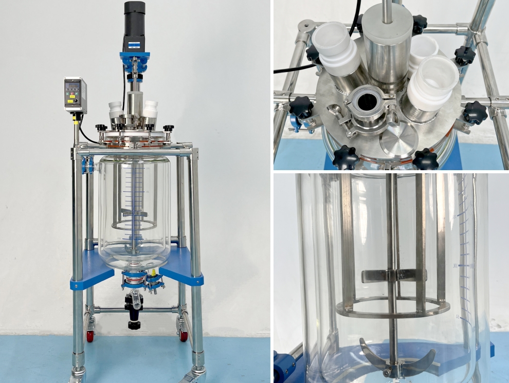 Reactor de vidrio con camisa personalizado de 20L con sellado magnético y agitador de acero inoxidable, tapa y deflector