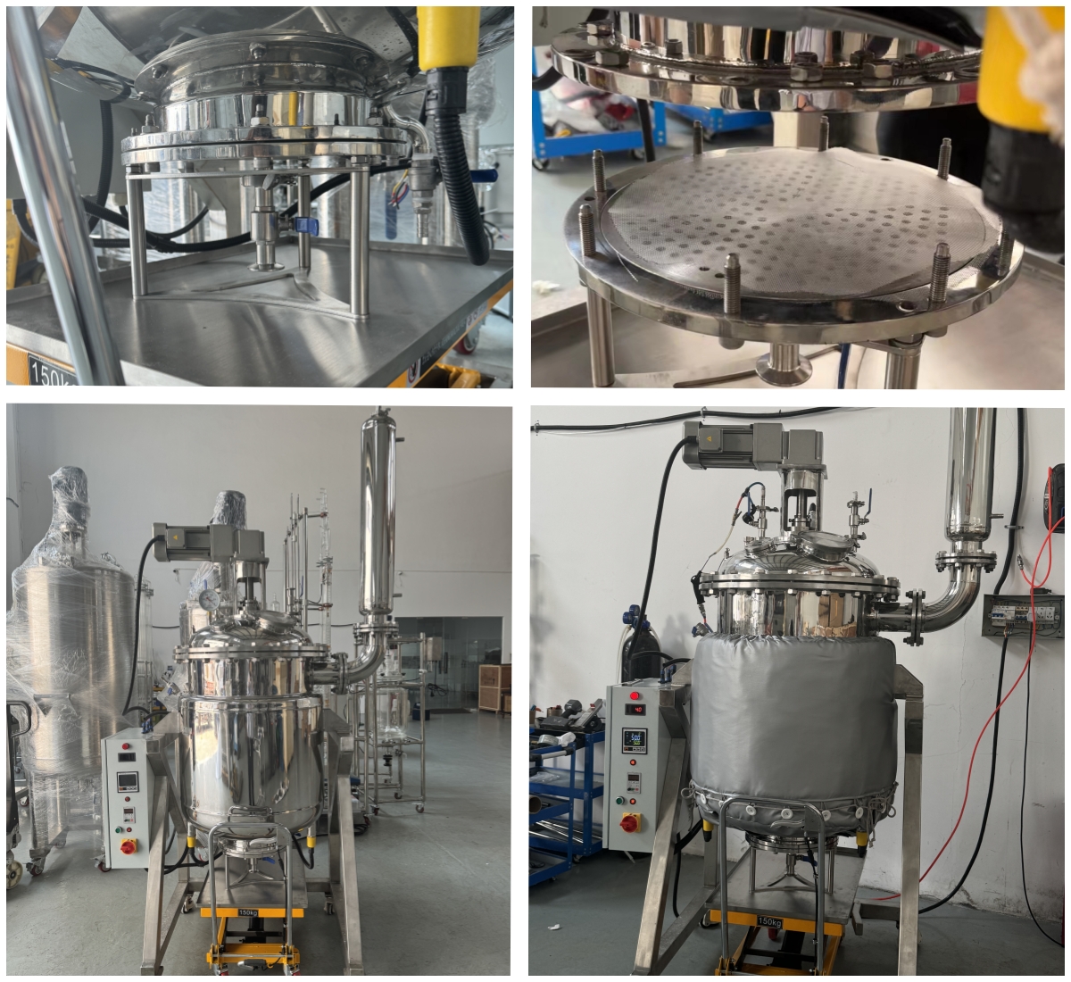 Reactor de extracción de acero inoxidable con camisa de 200 litros con calefacción eléctrica, filtración inferior y descarga hidráulica de camiones