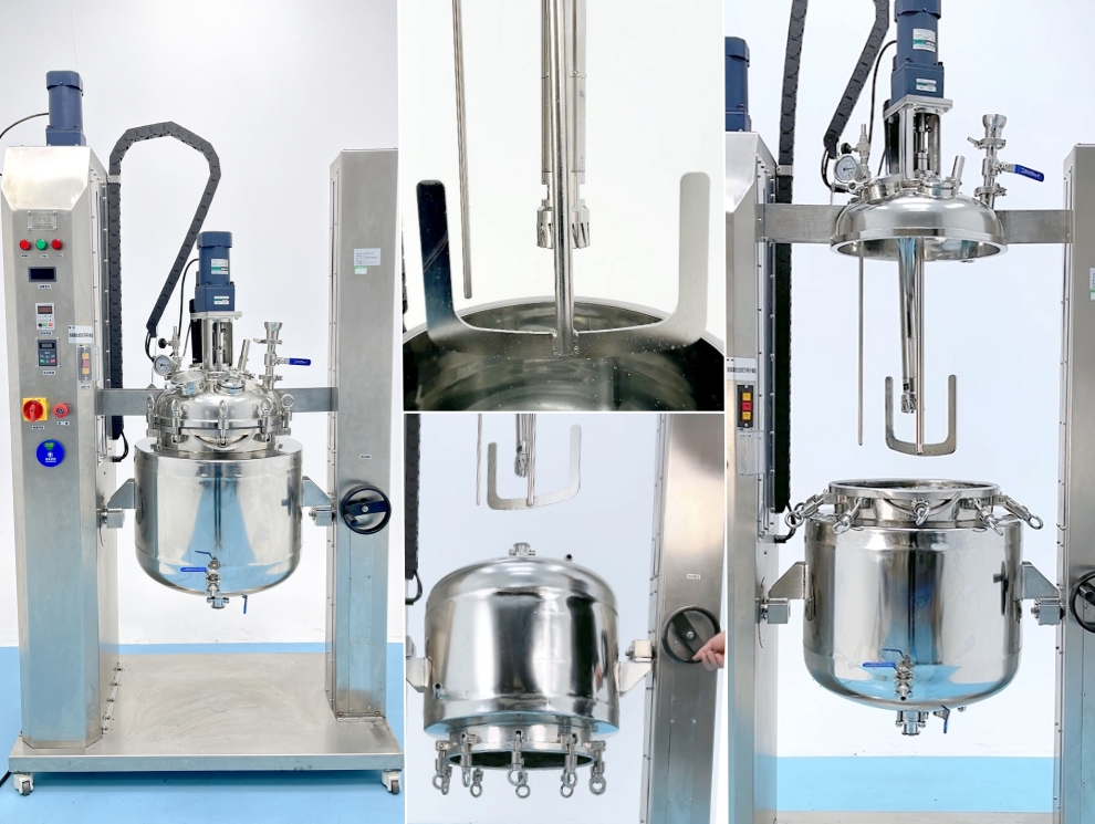 Reactor de mezcla y emulsión de acero de acero inoxidable 50L con tapa automática de elevación y tanque giratorio manual